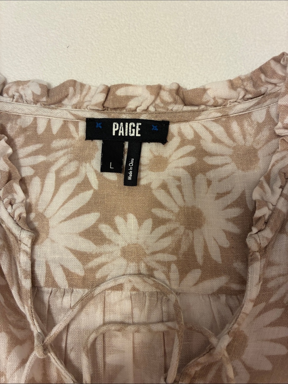 PAIGE Beige and White Floral Peasant Blouse with Tassel Tie - Picture 2 of 7